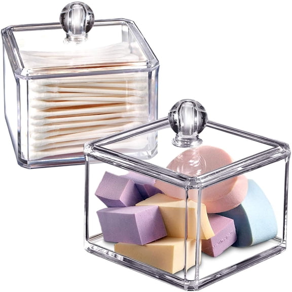 2-Pack Modern Square Acrylic Qtip Holder - Clear Apothecary Jars with Lids - Bathroom Vanity Storage Canister - Shatterproof Square Organizers for Cotton Swabs, Pads-Modern Minimalist Decor