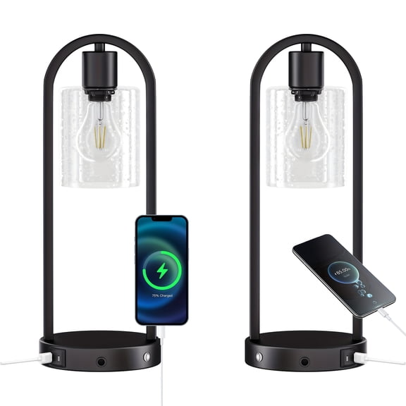 2 Pack Modern Touch Control Arched Table Lamps with USB Charging Ports (No Bulbs Included) Adjustable Dimmer Brightness Seeded Glass Shade Metal Nightlight Bedside Desk Living Room Mid-Century