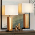 thumbnail image 1 of 2-Pack Modern Touch Control Table Lamps - Dimmable Bedside Lamps with LED Nightlight, Rustic Wood Grain Base & Linen Shade for Bedroom Living Room, 1 of 6