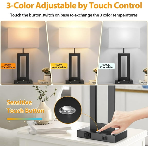2-Pack Modern Touch Table Lamps with 3 Color Temperatures, USB Ports & AC Outlet