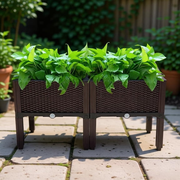 2 Pack Modular Planter Box Free Splicing Injection Plastic Brown Rattan Pattern Lightweight Weather Resistant for Indoor Outdoor Garden Patio Balcony Restaurant Cafe Herb Flower Display