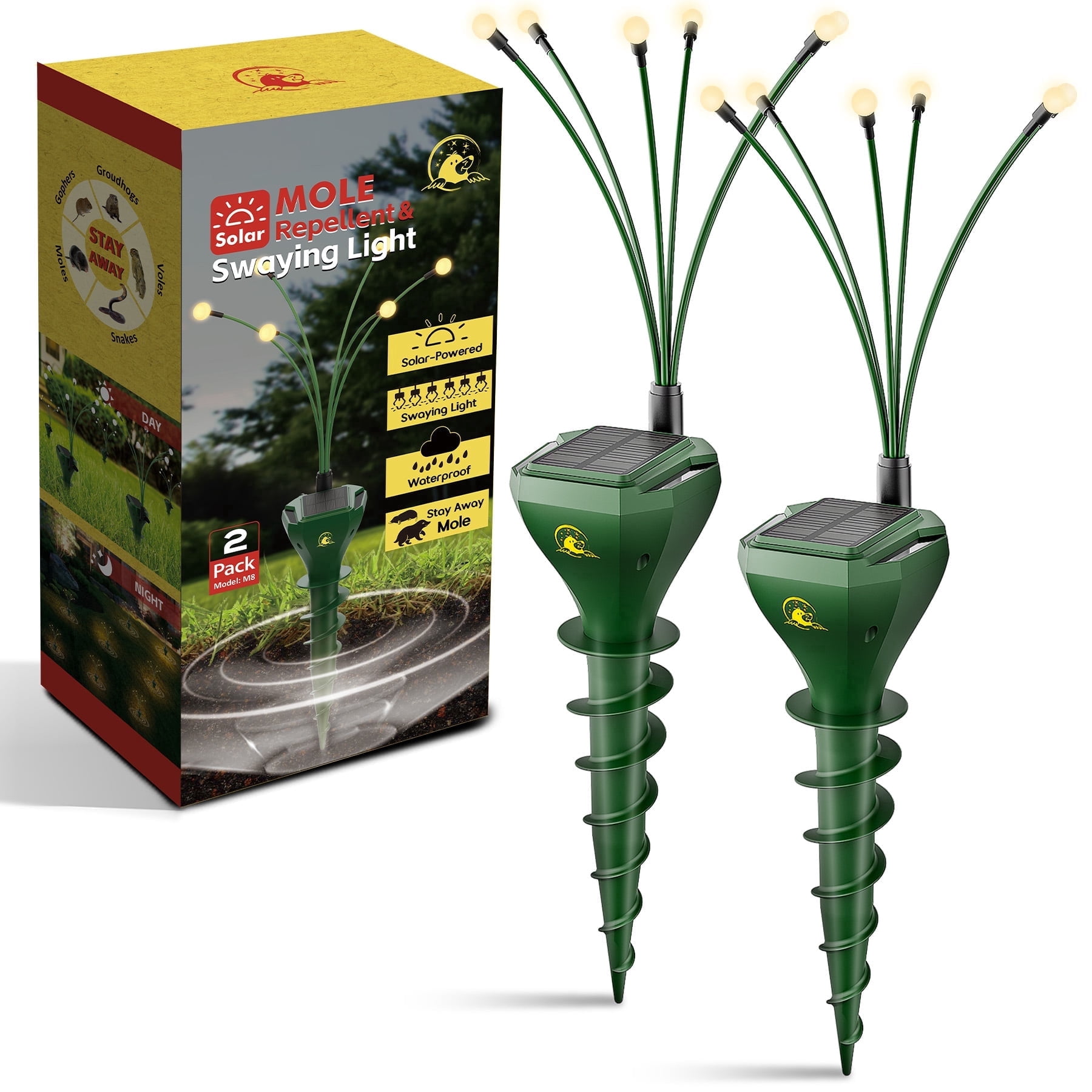 X-PEST 2 Pack Mole Repellent Stake & Miniature Bulb Solar Powered,  Gopher Repellent Ultrasonic, Solar Mole Repellent Ultrasonic, Skunk Repellent for Yard, Squirrel Repellent Outdoor