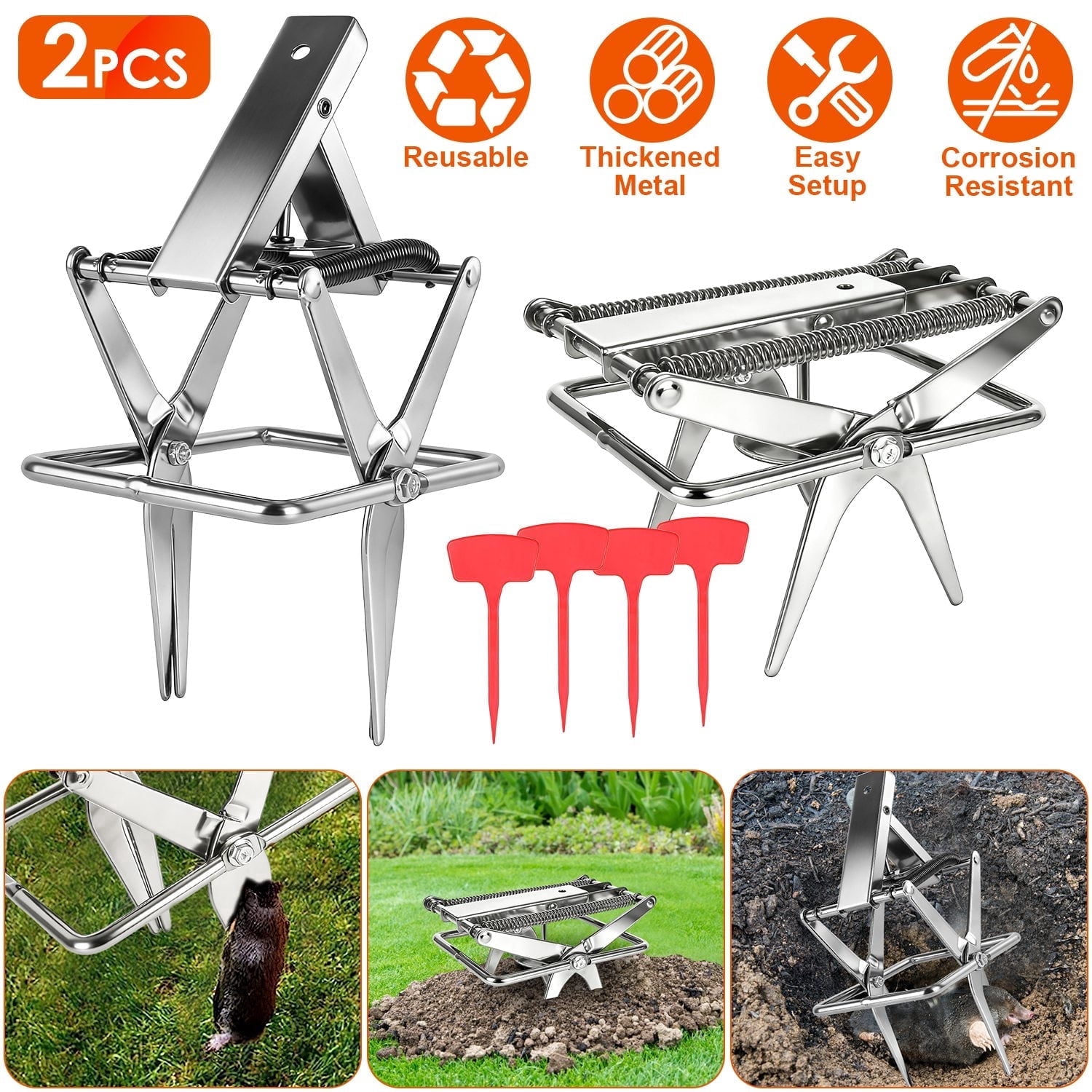 2 Pack Mole Traps Thickened Metal Mole Scissor Trap Reusable Mole Trap Mole Control Easy Set Ground Mole Trap for Lawns (Silver)