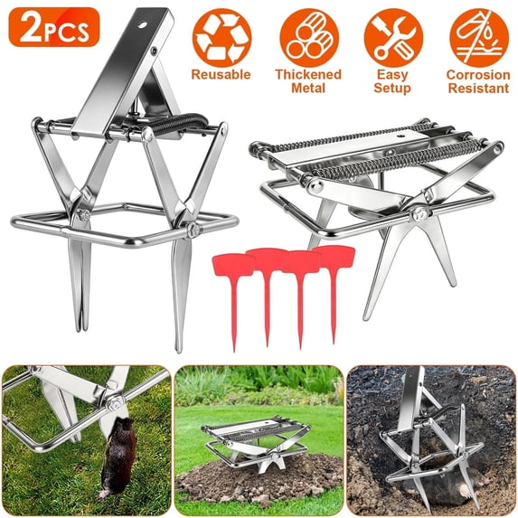 2 Pack Mole Traps Thickened Metal Mole Scissor Trap Reusable Mole Trap Mole Control Easy Set Ground Mole Trap for Lawns (Silver)