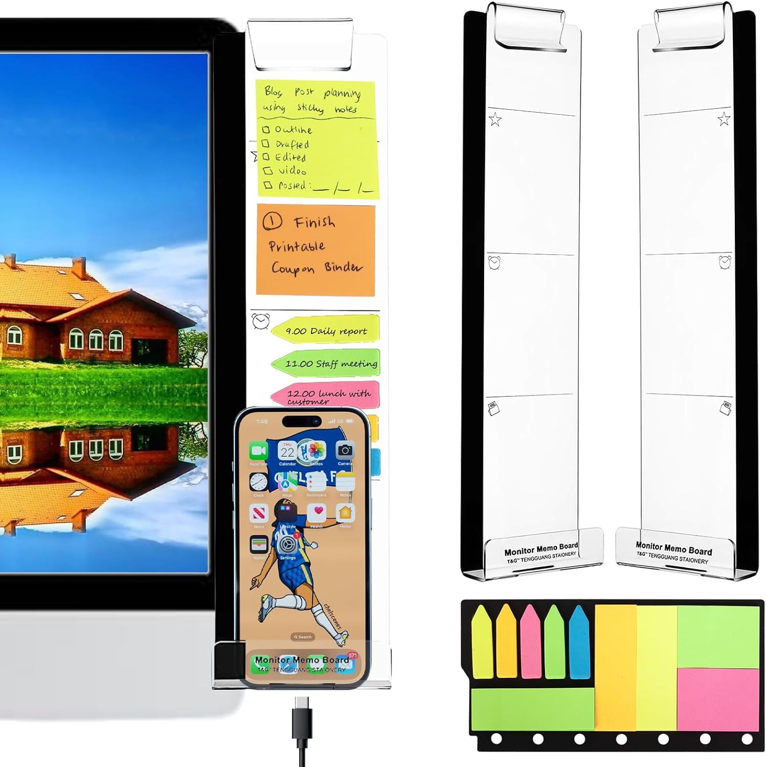 2 Pack Monitor Memo Board (Left & Right) + Sticky Notes, Office Desktop ...
