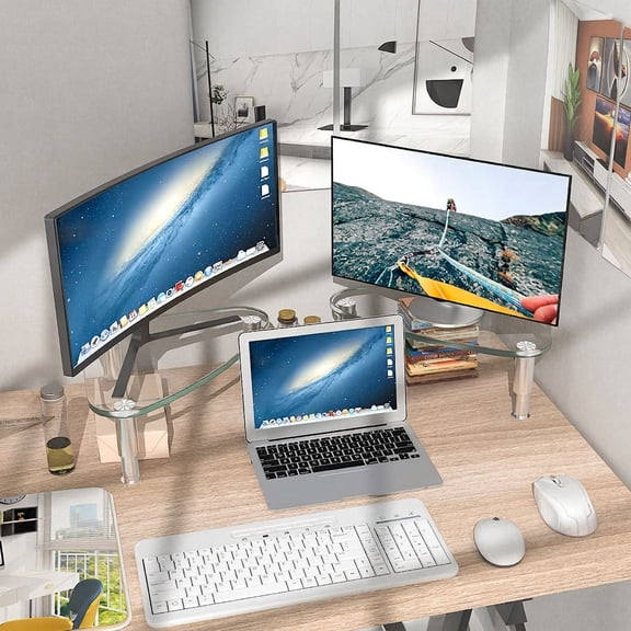 2 Pack Monitor Riser, Tempered Glass Corner Stand for Computer Monitor and Laptop, Height Adjustable Tilt Desktop Stand