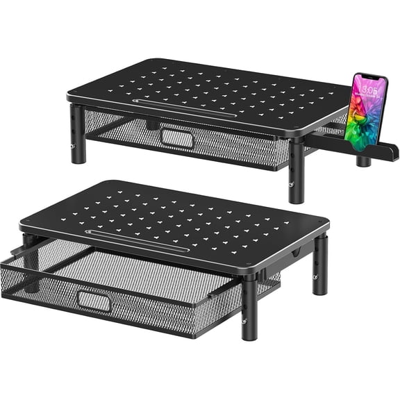 2 Pack Monitor Stand Riser with Metal Drawer, 3 Height Adjustable Monitor Riser with Phone Holder for Printer, Laptop, Premium Metal Computer Monitor Stand with Storage for 2 Monitors