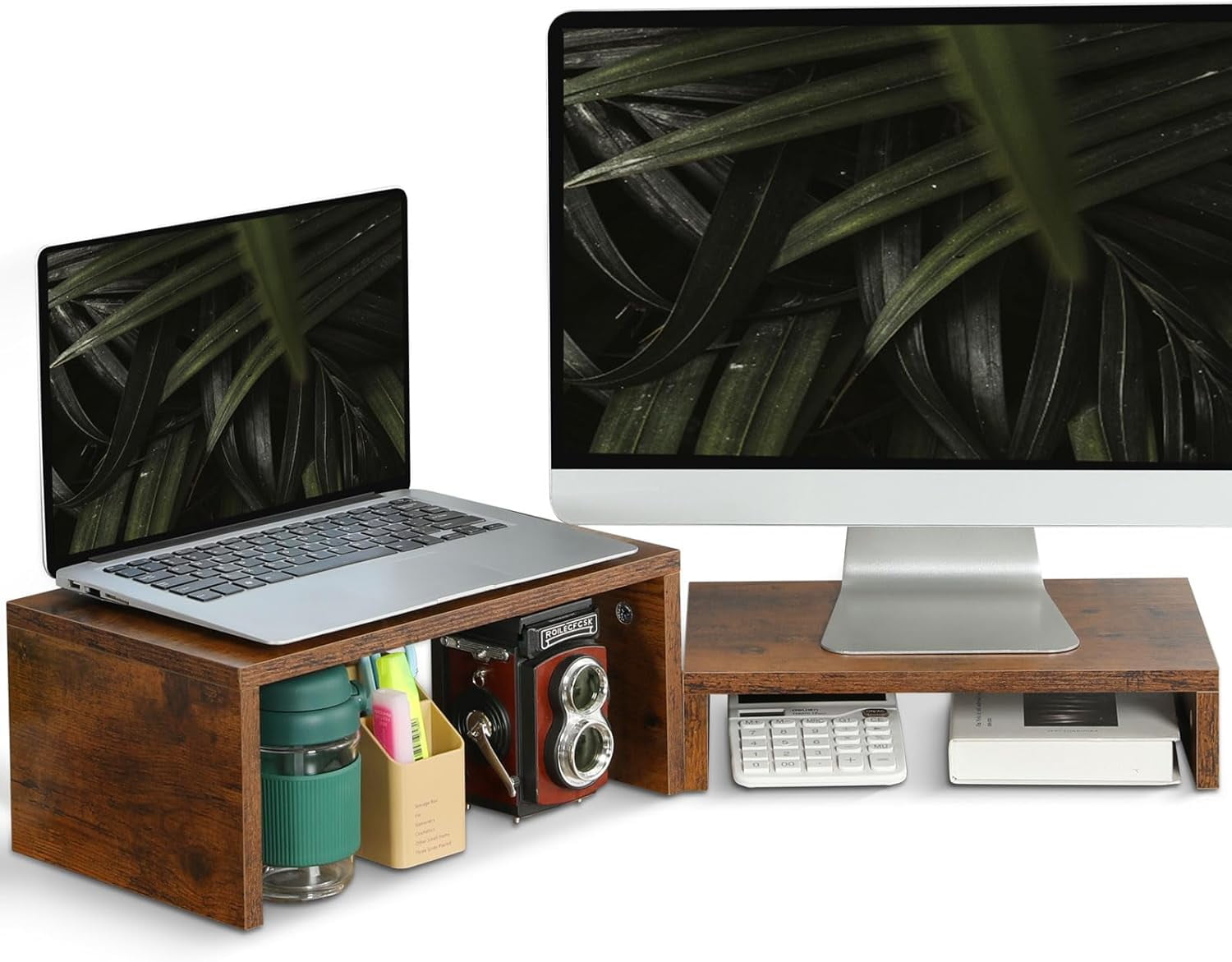 2 Pack Monitor Stand Riser Rustic Brown,Wood 2 Tier Adjustable Monitor ...