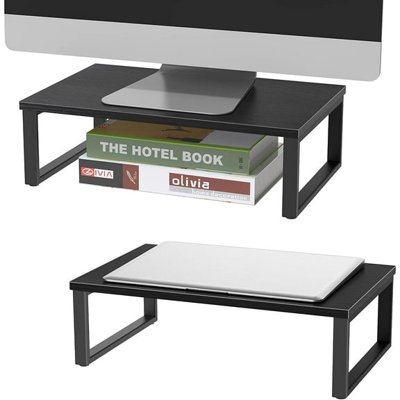 2 Pack Monitor Stand Riser Wood Desk Shelf with Storage, Laptop Stand Riser Computer Stand for Desk Shelf Organizer Desktop Printer Table for PC Laptop Fax Monitor Lift, Black