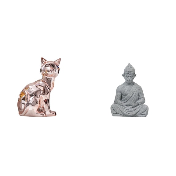 2 Pack Monkey Buddha Cat Statue Figurine Ceramic Sandstone Unique Ornament for Living Room Meditation Space