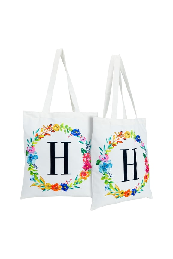 2 Pack Monogrammed Initial Tote Bags, Reusable Grocery Bag for Women, Embroidered Letter H, White, 29 in.