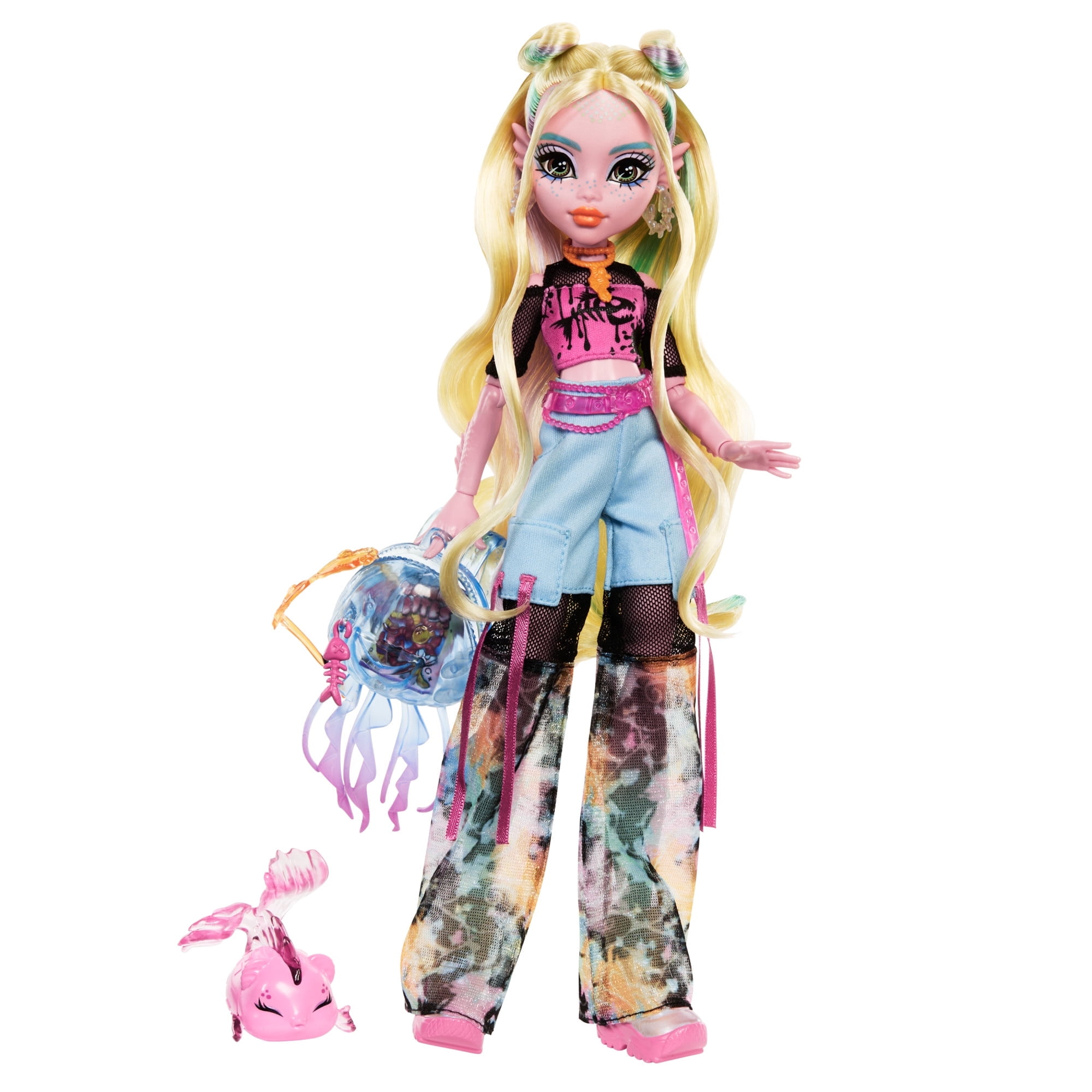 (2 Pack) Monster High Lagoona Blue Fashion Doll with Pet Fish Neptuna, Mesh Tee, Cargo Pants and Accessories
