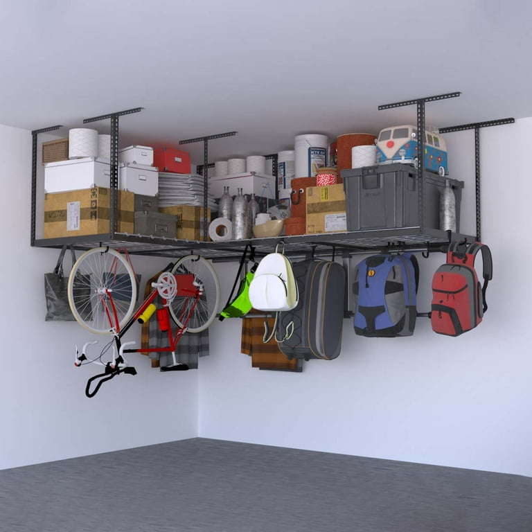2 Pack MonsterRAX 4x8 Overhead Garage Storage Rack 600 lb Weight Capacity per Rack 18 Accessory Hooks 24 45 Drop Down