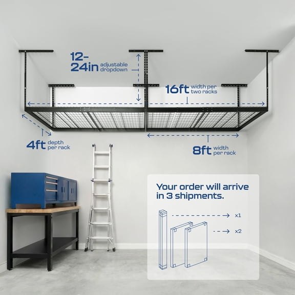 2-Pack MonsterRax 48 Overhead Garage Storage Rack, Adjustable Ceiling Mount Hanging Shelving, 24"45" Height Adjustment, White Garage Organization System