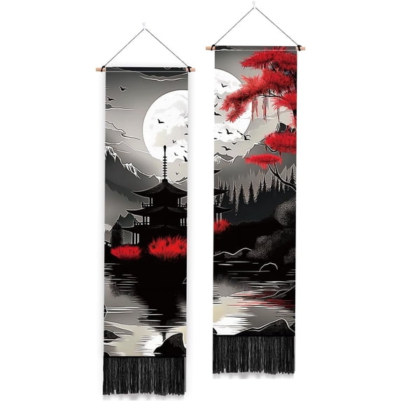 2 Pack Moon Mountain Tapestry Forest Long Narrow Tapestry Silhouette Style Landscape Loft Vertical Wall Hanging with Tassels Aesthetic Wall Tapestries for Bedroom Living Room Home Decor