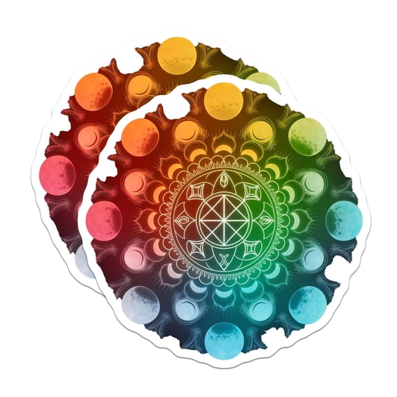 (2 Pack) Moon Phase Mandala Stickers - Colorful Celestial Stickers - Esoteric Sticker - 5" On Longest Side - Sticks to Smooth Flat Surfaces - Made in USA - BMCS14321