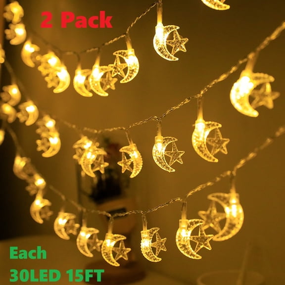 2 Pack Moon Star String 30 Led 15FT Warm Lights Fairy Ramadan, Xmas, Wedding Decoration