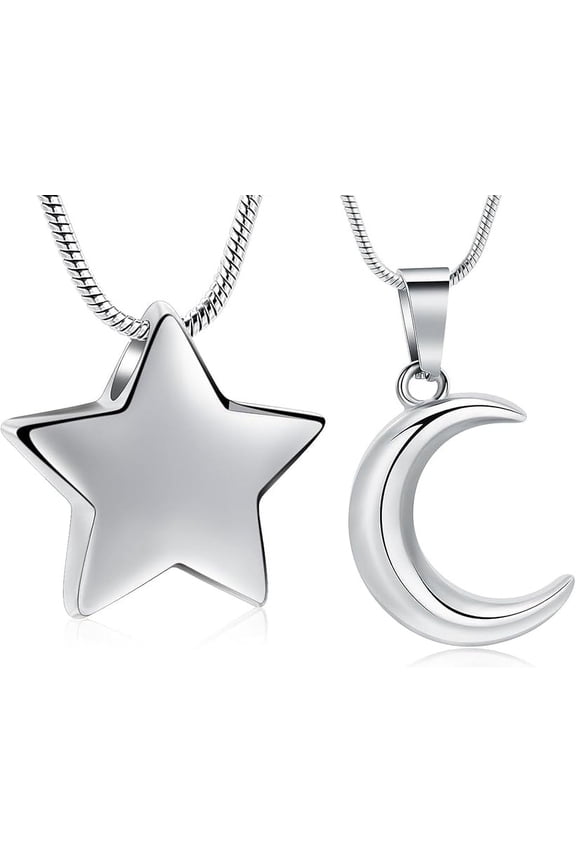 2 Pack Moon & Star Urn Necklace for Ashes Cremation Jewelry for Women Men Stainless Steel Memorial Lockets Keepsakes Jewelry for Ashes Pendant - Fill kit