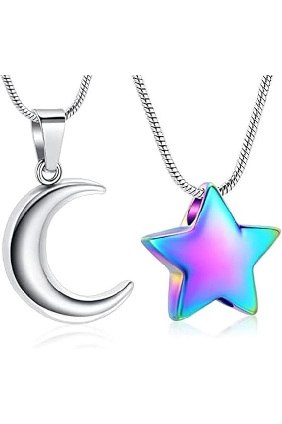 2 Pack Moon & Star Urn Necklace for Ashes Cremation Jewelry for Women Men Stainless Steel Memorial Lockets Keepsakes Jewelry for Ashes Pendant - Fill kit