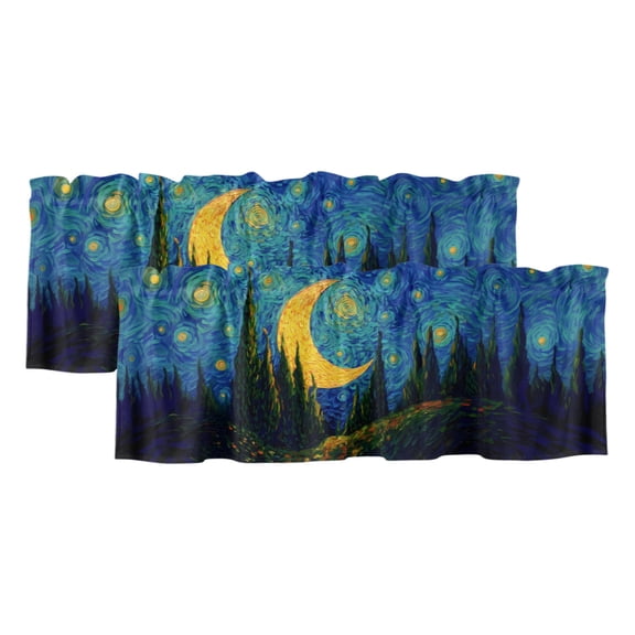 2 Pack Moon Valley Valance for Window Impressionist Art Mystical Twinkling Hills Galaxy Kitchen Valance Rod Pocket Short Curtain Topper Decorative Window Treatment for Living Room Bedroom 42"x12"
