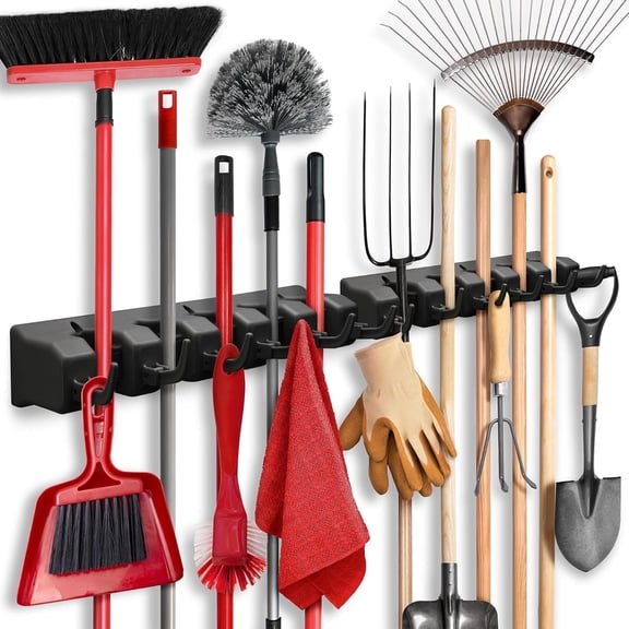 2 Pack Mop and Broom Holder Wall Mount - Garage Storage Organizer with 5 Slots, 6 Hooks, 7.5lbs Capacity Per Slot - Home, Kitchen, Closet, Laundry Room Organization  Black Broom Hanger