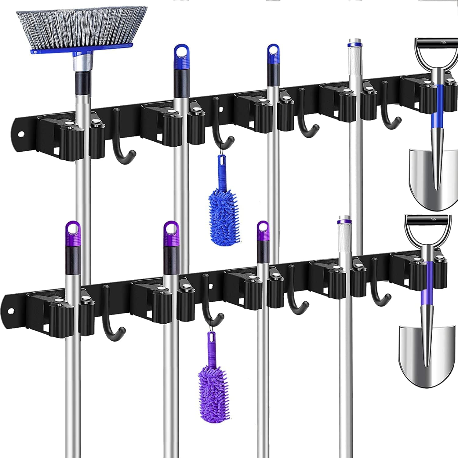 2 Pack Mop Broom Holder Wall Mounted Metal Tool Storage Organizer Rack Black 4 Slots 5 Hooks Walmart