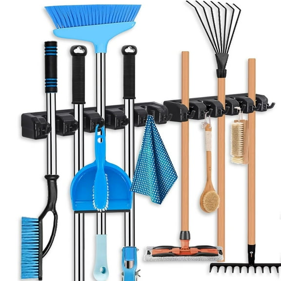 2 Pack Mop and Broom Holder, Wall Mounted Organizer Mop and Broom Storage Tool Rack with 5 Ball Slots and 6 Hooks (Black)