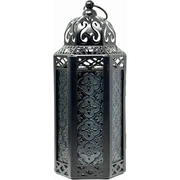 2-Pack Moroccan Candle Lantern Holder - Decorative Lamp for Tabletop or Hanging Use, Indoor or Outdoor Porch Patio - Ramadan, Weddings and Holidays, Medium, Black