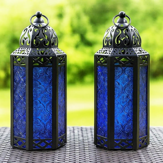 2-Pack Moroccan Candle Lantern Holder - Decorative Lamp for Tabletop or Hanging Use, Indoor or Outdoor Porch Patio - Ramadan, Weddings and Holidays, Medium, Cobalt