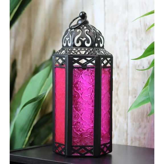 2-Pack Moroccan Candle Lantern Holder - Decorative Lamp for Tabletop or Hanging Use, Indoor or Outdoor Porch Patio - Ramadan, Weddings and Holidays, Medium, Pink