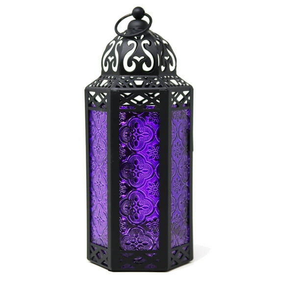 2-Pack Moroccan Candle Lantern Holder - Decorative Lamp for Tabletop or Hanging Use, Indoor or Outdoor Porch Patio - Ramadan, Weddings and Holidays, Medium, Purple