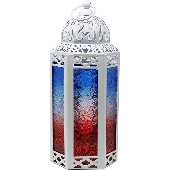 2-Pack Moroccan Candle Lantern Holder - Decorative Lamp for Tabletop or Hanging Use, Indoor or Outdoor Porch Patio - Ramadan, Weddings and Holidays, Medium, Red/White/Blue