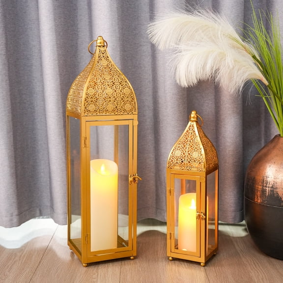 2-Pack Moroccan Candle Lanterns 22'' H Metal Vintage Candle Holder with Tempered Glass Decorative Indoor Outdoor Ramadan Lantern for Living Room Garden Yard Patio Parties Events (Gold)