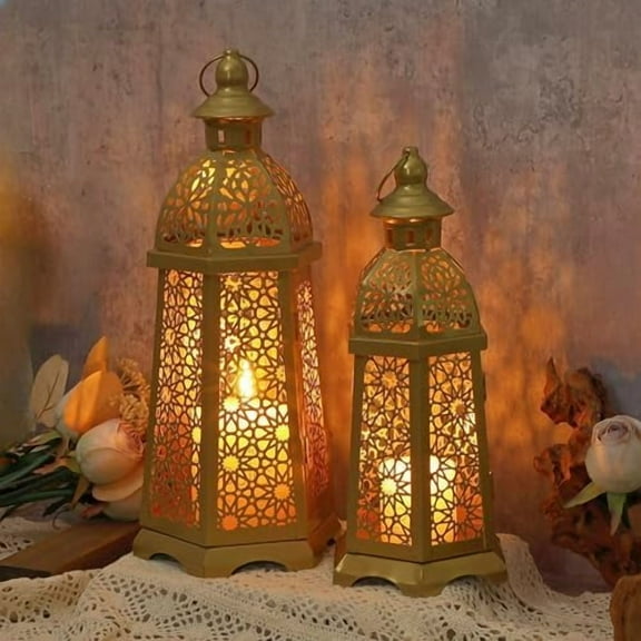 2 Pack Moroccan Lantern Lamp Decorative Candle Holders for Ramadan Decorations, Hanging, Outdoor  or Porch, Indoor Home DecorGold