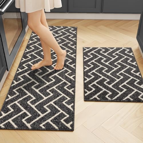 2-Pack Moroccan Style Kitchen Rugs - Non-Slip Thick Washable Floor Mats for Entryway & Laundry (Black, 20"x32" + 20"x48")
