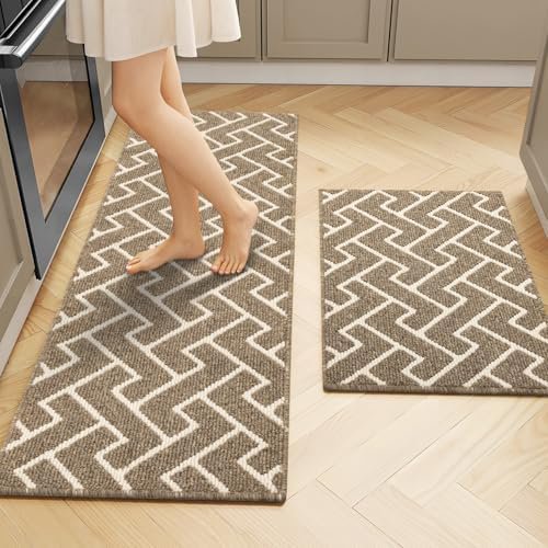 2-Pack Moroccan Style Kitchen Rugs - Non-Slip Thick Washable Floor Mats for Entryway & Laundry (Brown, 20"x32" + 20"x48")