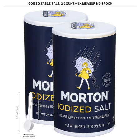 2 Pack | Morton Iodized Table Salt, 26 oz Each with 1x Measuring Spoon