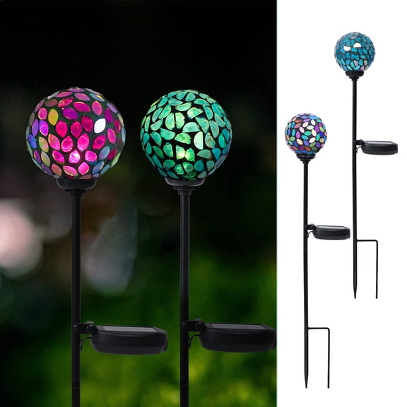 2 Pack Mosaic Glass Solar Garden Stake Lights, Colorful Crackle Globe LED Pathway Lights,Outdoor Decorative Lights for Yard, Patio, Lawn & Flower Bed