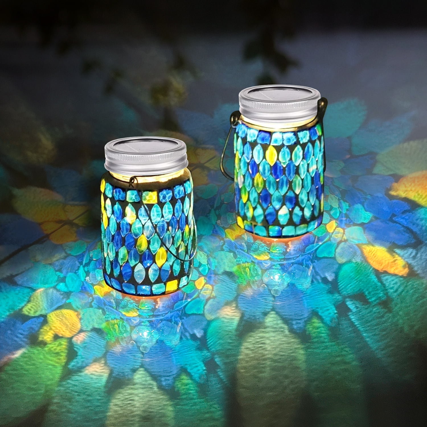 Syenll 2 Pack Mosaic Solar Lantern Lights, Outdoor Waterproof LED Solar Hanging Lights, Table Lamp for Patio Garden Yard Decoration