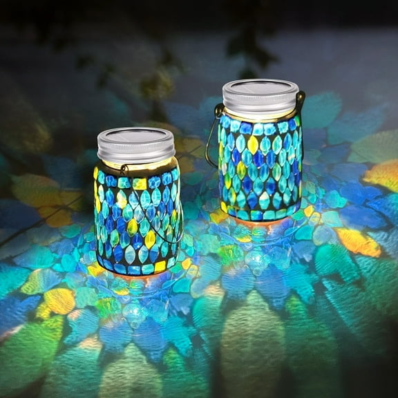Syenll 2 Pack Mosaic Solar Lantern Lights, Outdoor Waterproof LED Solar Hanging Lights, Table Lamp for Patio Garden Yard Decoration