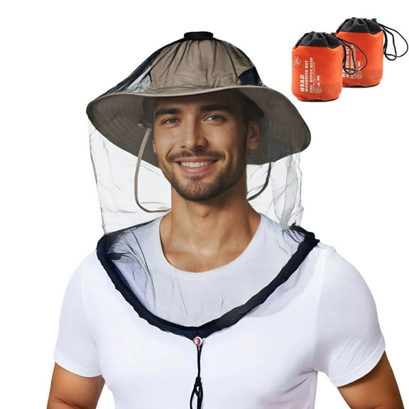 2 Pack Mosquito Head Net Mesh Protective, Face Neck Insect Netting Hood Screen Net, with Carry Bags Fits Most Sizes of Hats Caps