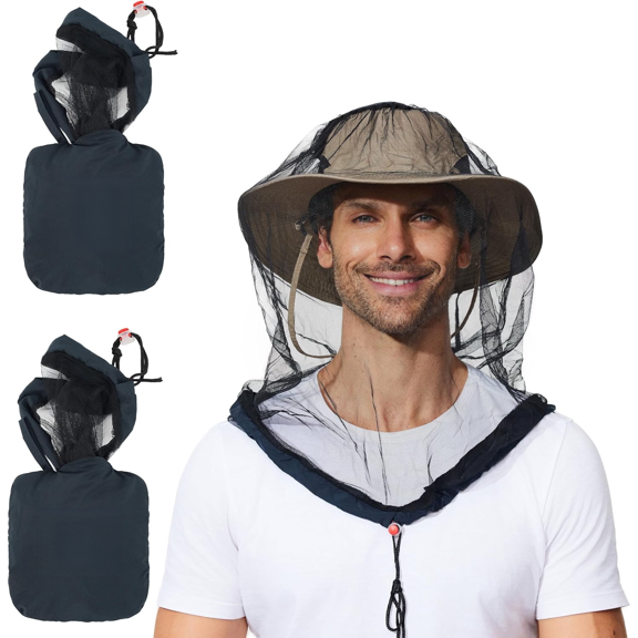 2 Pack Mosquito Head Net Mesh for Hiking & Outdoors Bug Face Netting over Hat adults Gnat Fly Insect Midge Protection