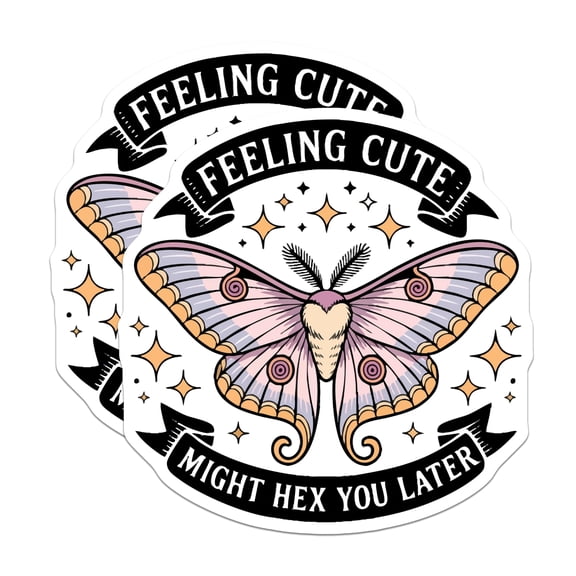 (2 Pack) Moth Hex Stickers - Feeling Cute Might Hex You Later - Witchy Spooky Aesthetic - 5" On Longest Side - Sticks to Smooth Flat Surfaces - Made in USA - BMCS20210