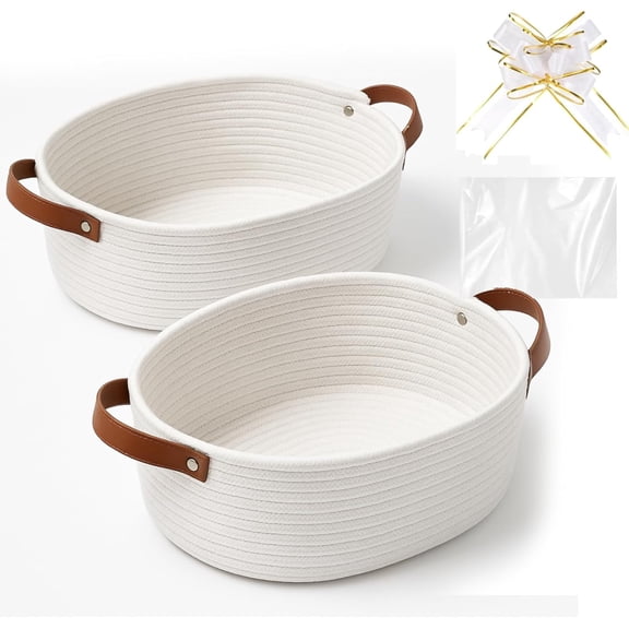 2 Pack Mother Day Woven Baskets for Gifts Empty with Handle Graduation 12 x 8 x 5 Inch Small Holiday Basket with Bags and Ribbons Empty Organizer for Wedding Birthday Gift(White)