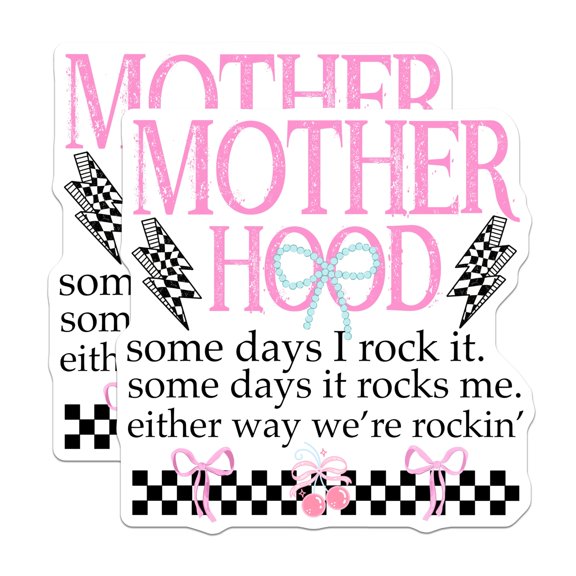 (2 Pack) Motherhood Quote Stickers - Mom Life Humor - Rockin Mama Vibes - Checkerboard Lightning Bolt Design - 5" On Longest Side - Sticks to Smooth Flat Surfaces - Made in USA - BMCS21569
