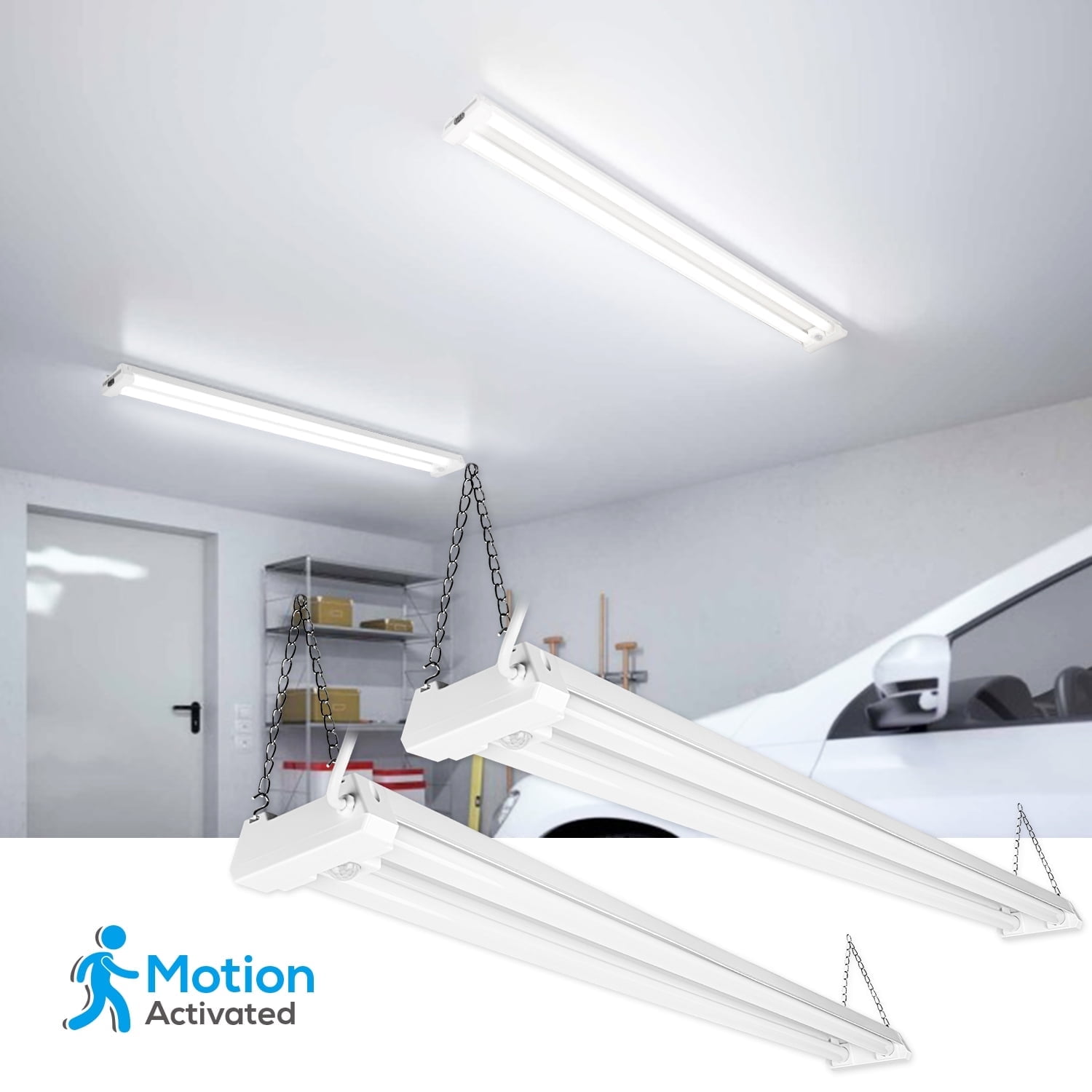 2 Pack Motion Sensor 4FT LED Utility Shop Light, 40W Plug in Linkable Light Fixtures, for Garage, Workshop, 4000lm, 5000K Daylight, Suspension & Flush Mount, FCC, ETL Certified