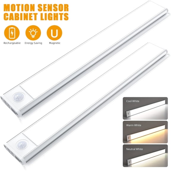 2 Pack Motion Sensor Under Cabinet Lights Indoor 12 Inch Rechargeable Under Cabinet Lighting Lights for Kitchen, Battery Powered 60 LED Stair Wall Closet Light Wireless Indoor - Silver