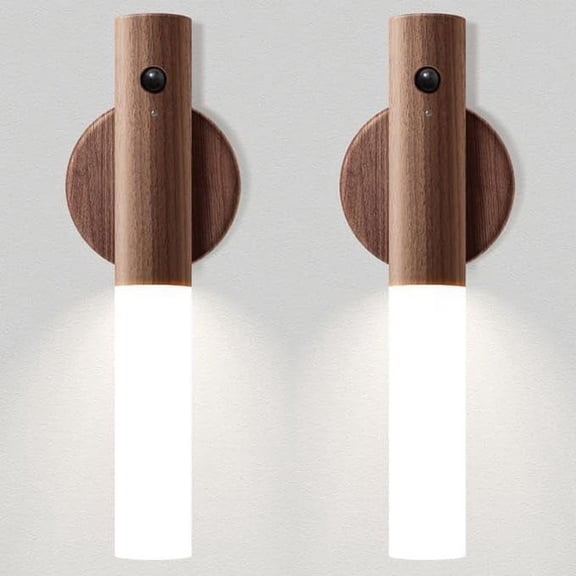 2 Pack Motion Sensor Night Lights, Magnetic Rechargeable LED Wall Lamp, Wooden Texture Sensor Light for Cabinet, Stairway, Hallway