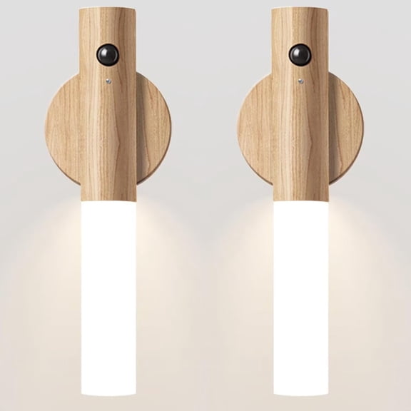 2 Pack Motion Sensor Night Lights, Magnetic Rechargeable LED Wall Lamp, Wooden Texture Sensor Light for Cabinet, Stairway, Hallway