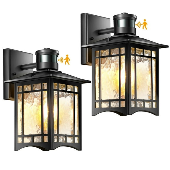 2 Pack Motion Sensor Outdoor Wall Lights, Dusk to Dawn Lighting, Led Exterior Light Fixture, Anti-Rust Lantern for Front Porch, Waterproof Black Outdoor Wall Sconce for House Garage Patio